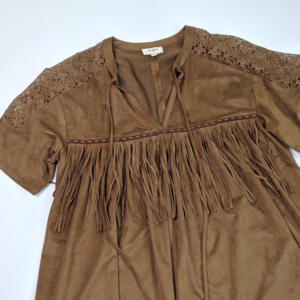 Umgee Soft Faux Suede Fringe Western Top Medium - Picture 2 of 8